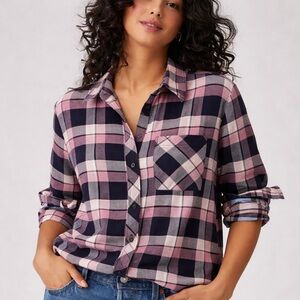 Orvis Plaid Flannel Shirt Pink Navy Button Front Pocket Size M